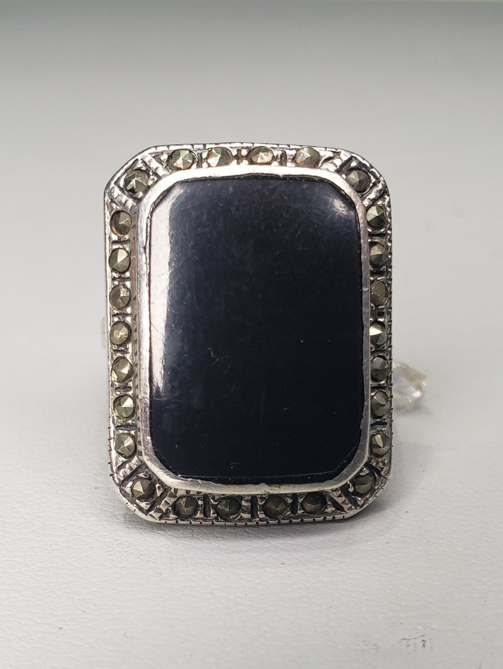 925 Black Onyx Rectangular Silver Accent Ring